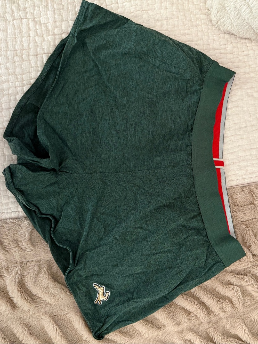 Tracksmith Dark Green Women's Running Shorts with Red Waist Stripe